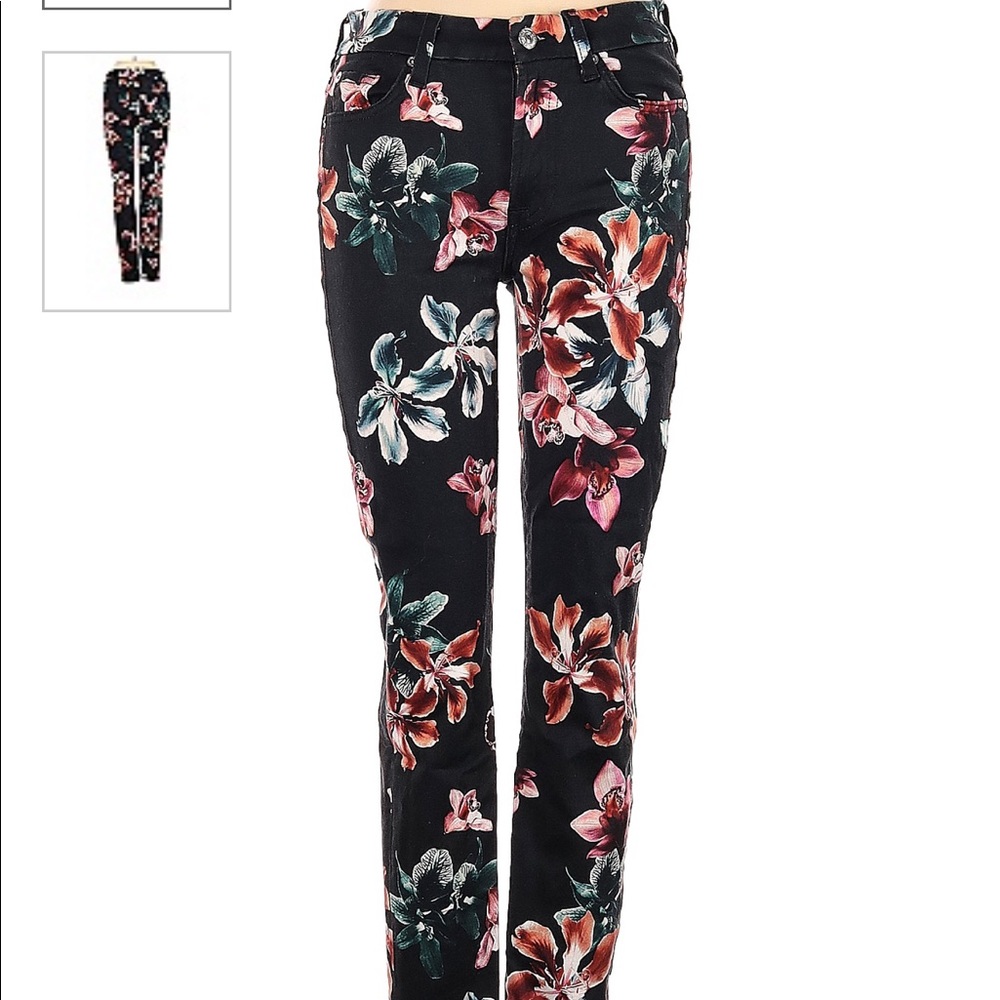 Black flower pattern 7 for all Mankind high-waisted skinny jeans.